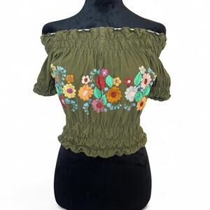 Olive Green Embroidered Smocked Peasant Crop Top